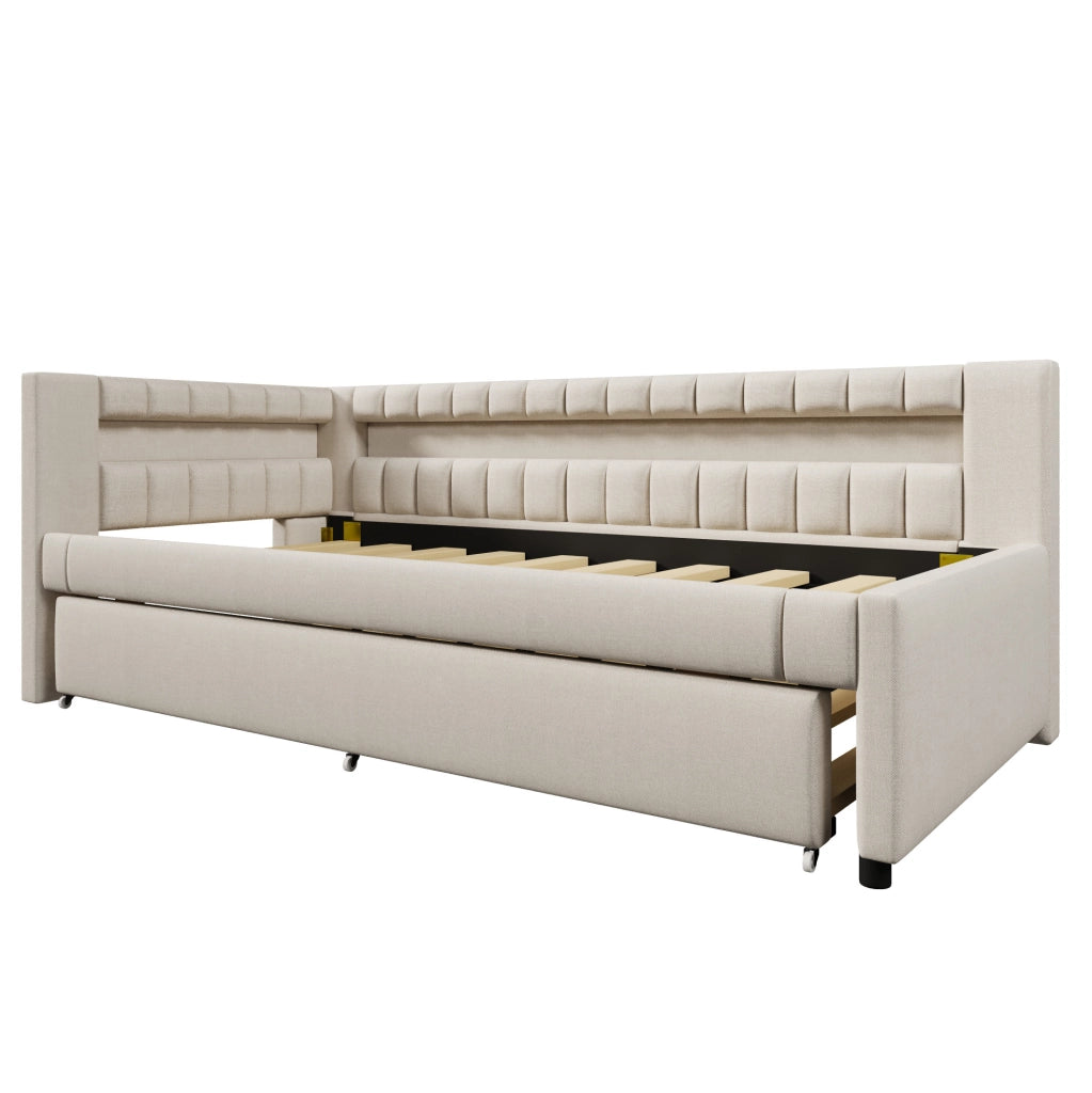 Daybed estraibile con illuminazione LED, 90x200 cm, in lino beige con porte USB e TYPE-C
