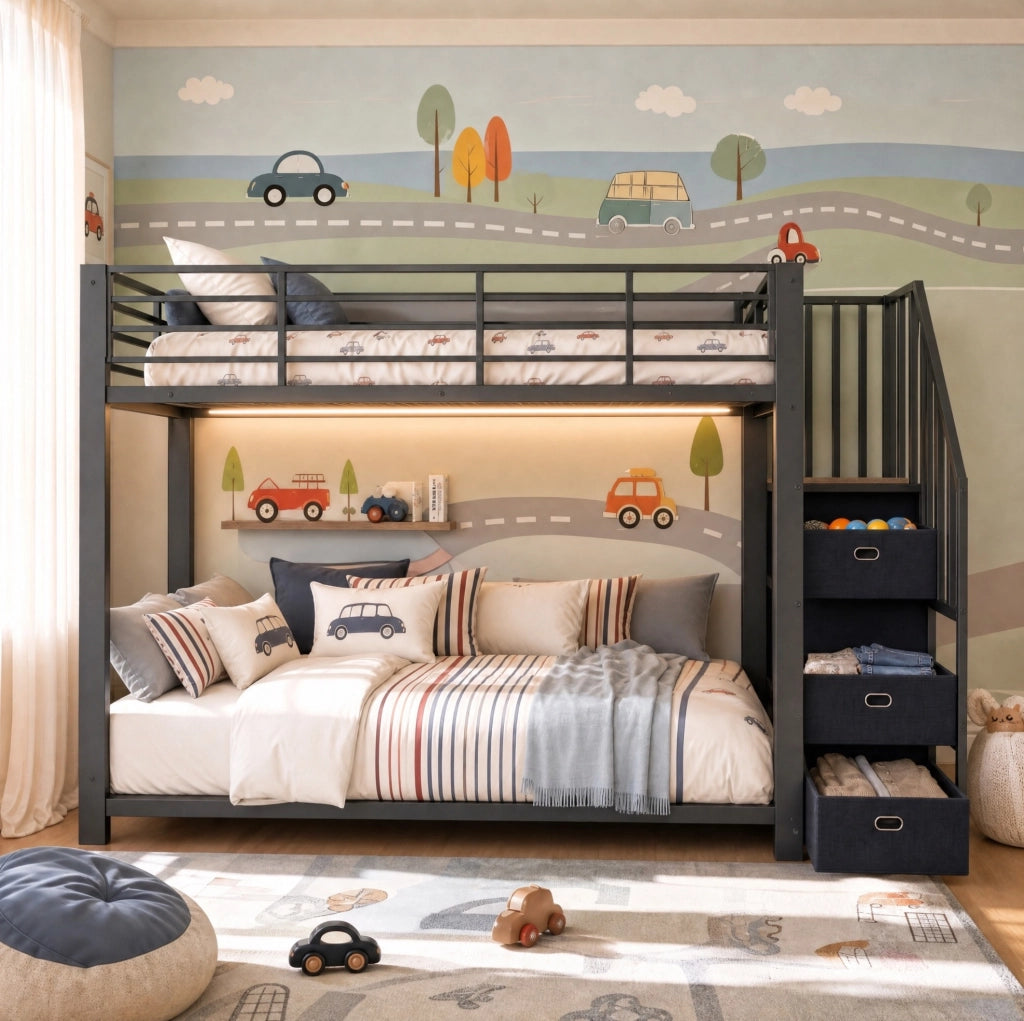 Letto a castello 90 x 200 cm in metallo e MDF con scala e LED, nero