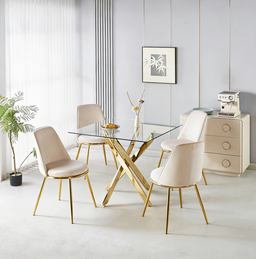 Set da pranzo con tavolo e 4 sedie in velluto, gambe dorate
