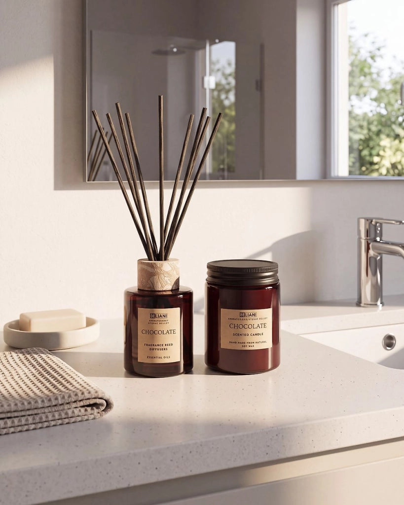 Set di fragranze Candela e diffusore di ancia Bastoncini profumati 100% cera di soia Stoppino di cotone Vetro Cioccolato