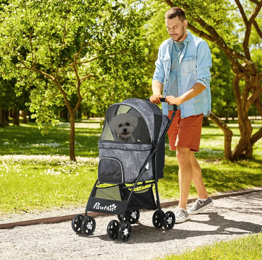 Passeggino pieghevole per cani e gatti con freni, nero