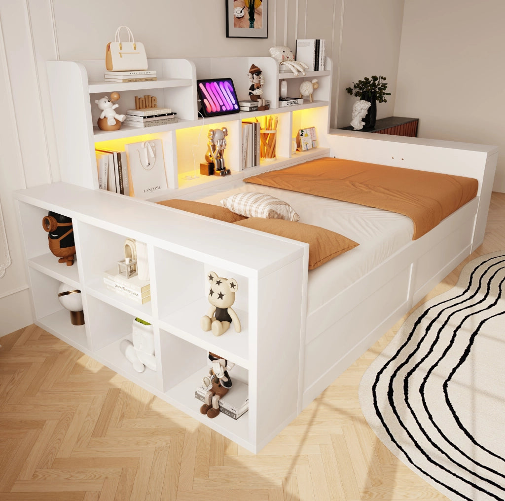 Divano letto singolo 90 x 200 cm bianco con contenitore, LED e prese