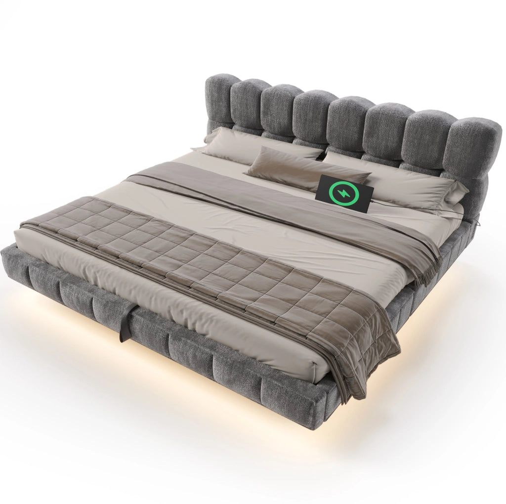 Letto matrimoniale contenitore 180x200 cm in ciniglia grigio con LED e USB
