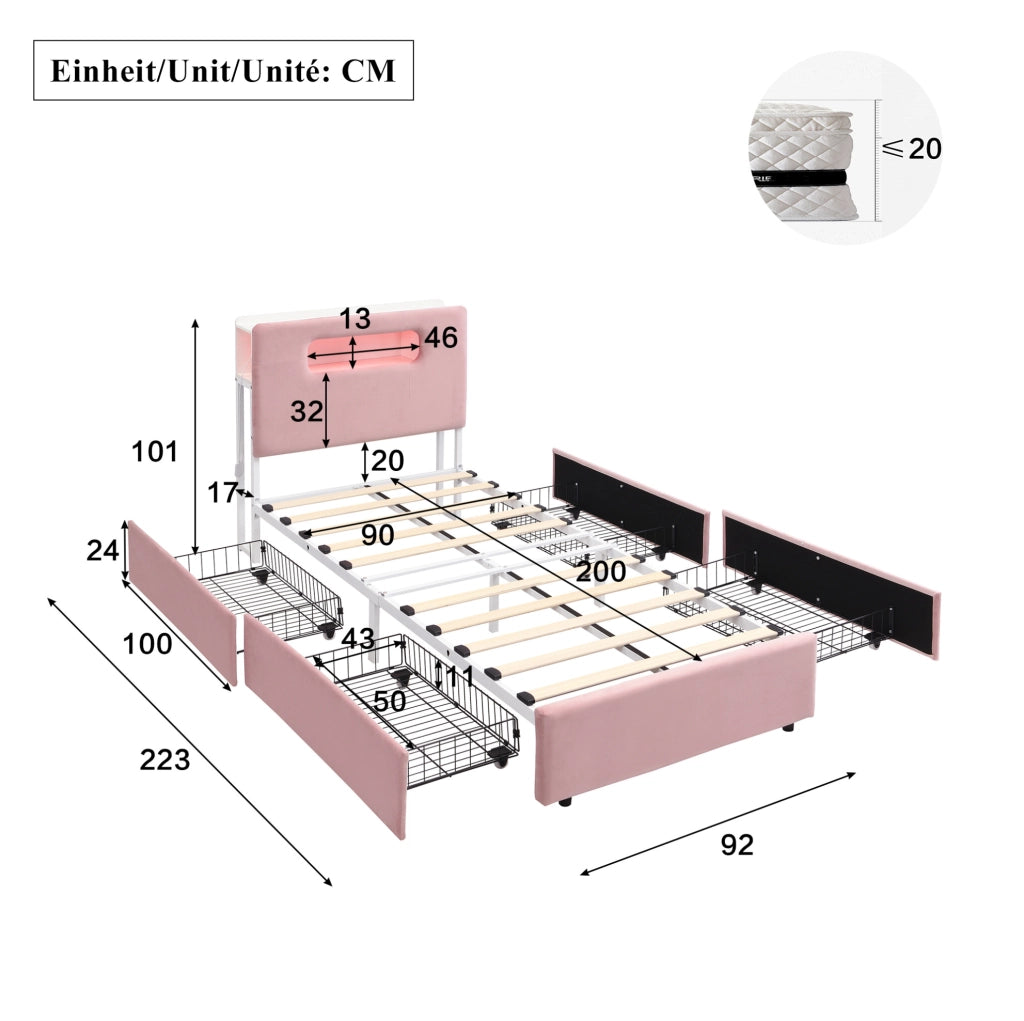 Letto singolo imbottito rosa 90 x 200 cm con 4 cassetti e LED