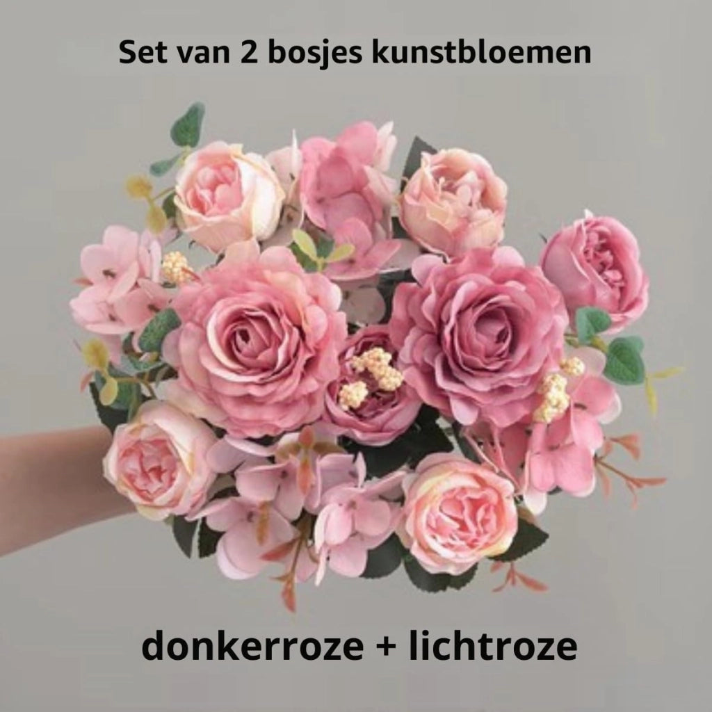 Composizione floreale artificiale, set da 2, con peonie di seta rosa e ortensie, altezza 29 cm