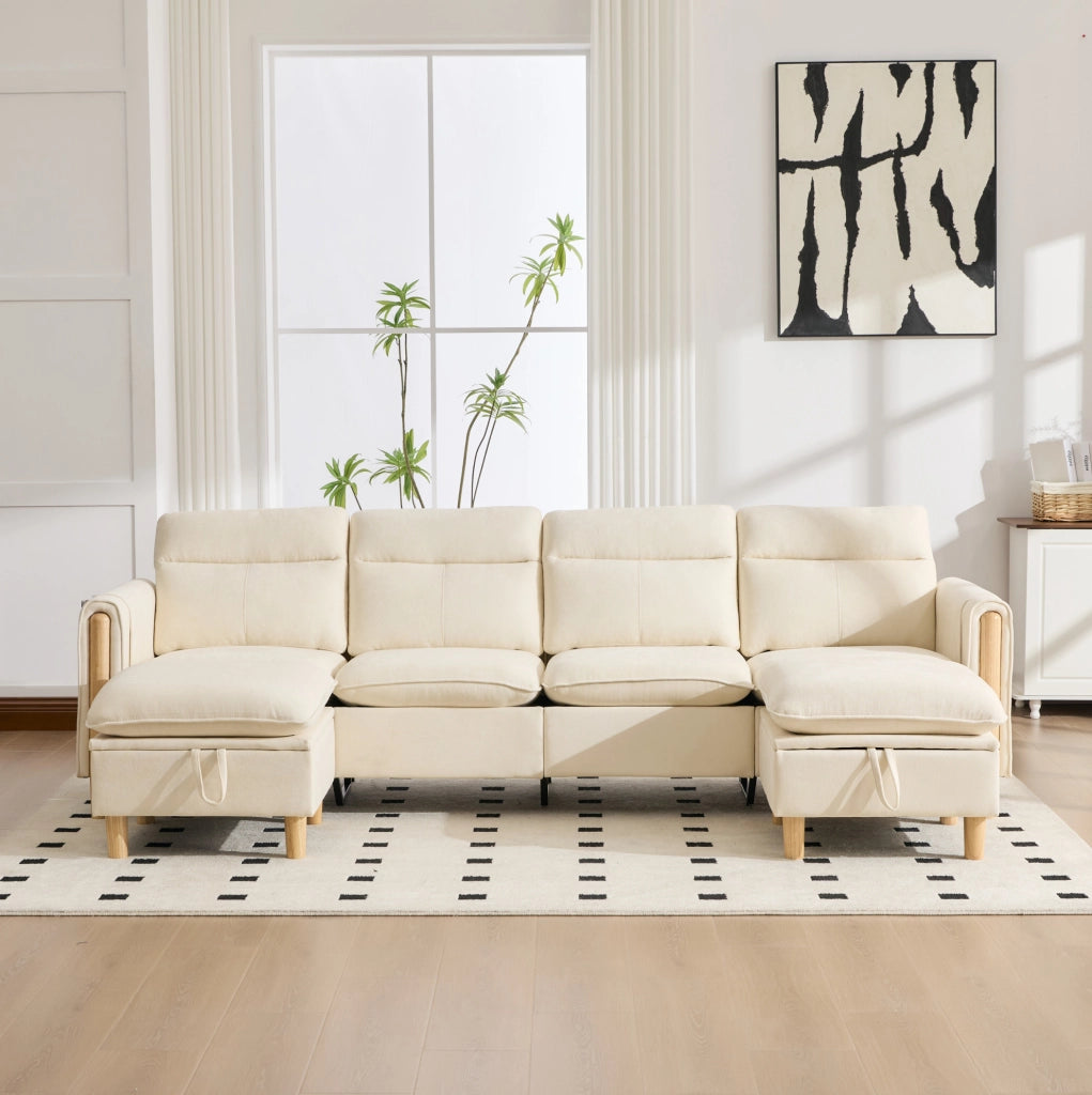 Divano modulare a 4 posti in ciniglia beige con 2 pouf contenitore
