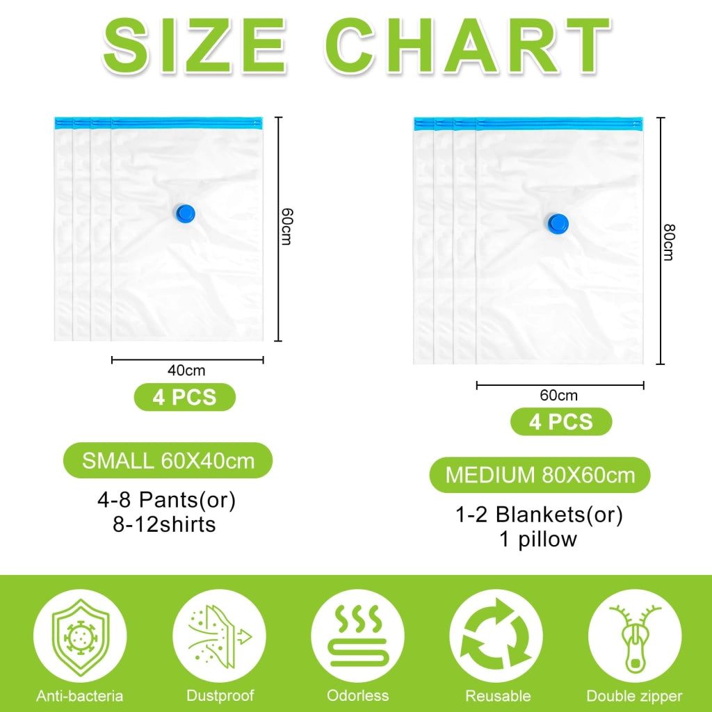 Set di 8 sacchetti sottovuoto, dimensioni 80x60 cm e 60x40 cm, riutilizzabili