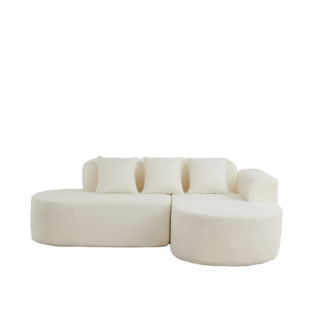 Divano angolare destro in chenille beige con 3 cuscini