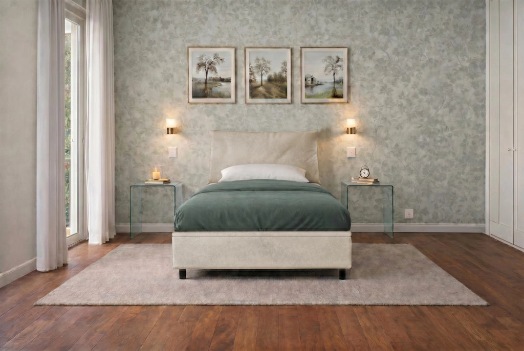 Letto 1 Piazza e Mezza Contenitore Imbottito 120x200 cm Microfibra Sabbia Boxmax Testata Soft