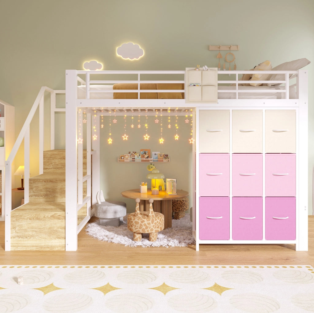 Letto a soppalco 140x200 cm in metallo e MDF con cassetti