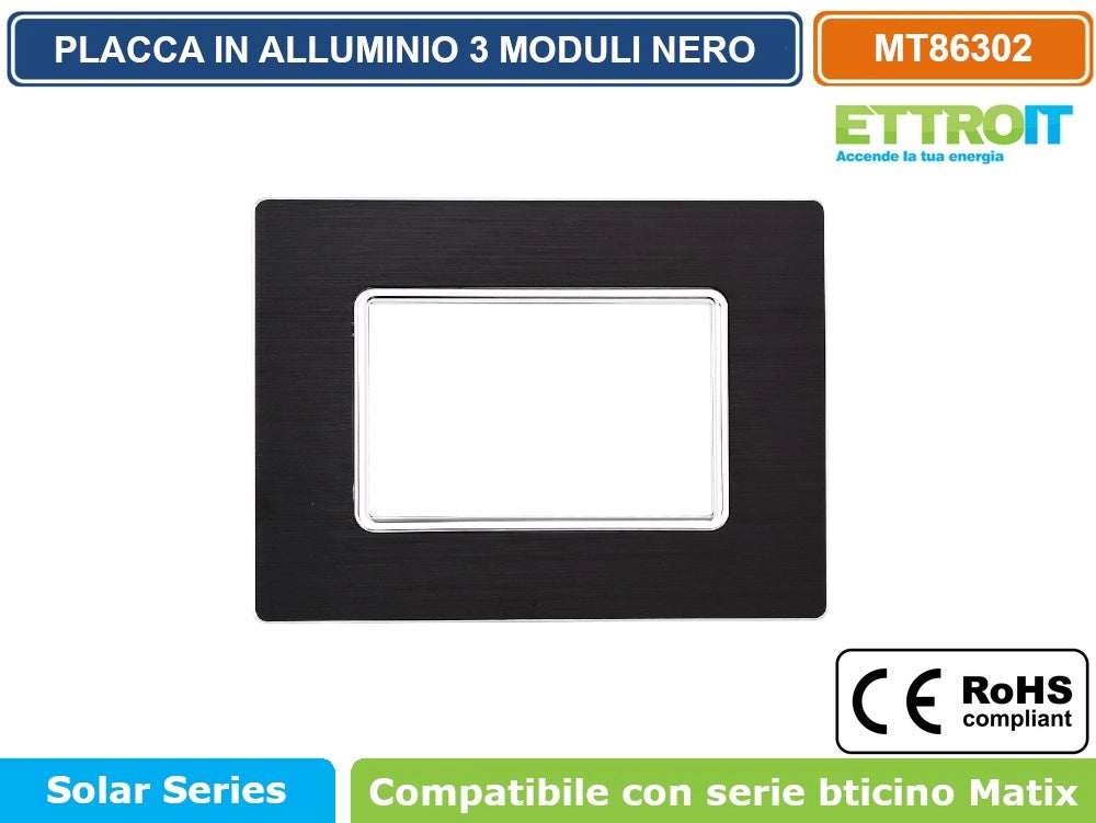 ETTROIT PLACCA IN ALLUMINIO DI COLORE NERO COMPATIBILE CON SERIE BTICINO MATIX - Numero Moduli:2 Moduli