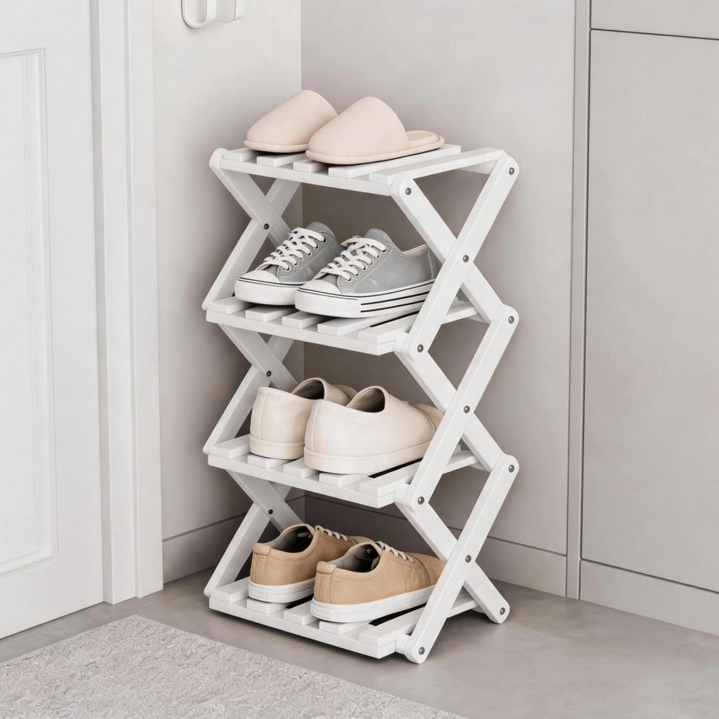 Scaffale per scarpe, 4 ripiani, in bambù, pieghevole, 27x26x39 cm, bianco