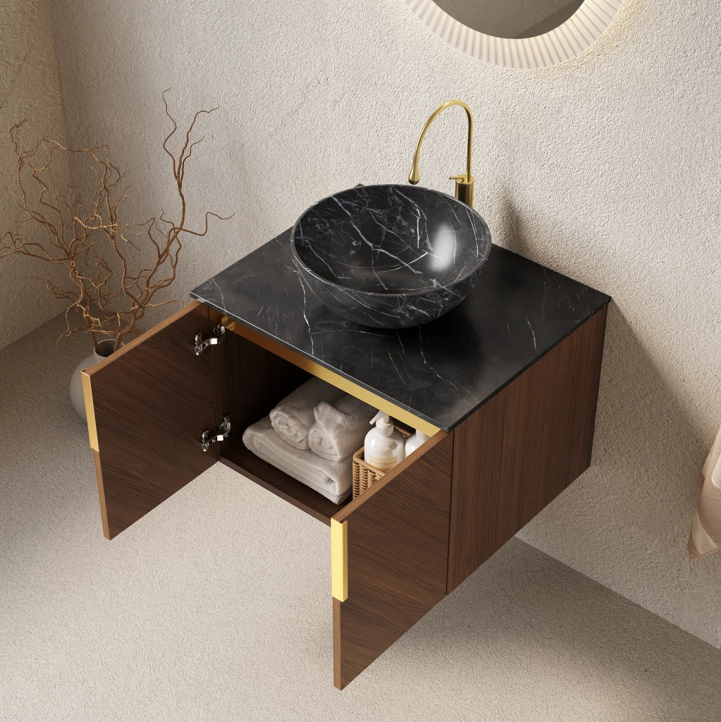 Mobile lavabo sospeso 76 cm, lavabo ceramica bianca, top nero, compensato marrone
