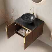 Mobile lavabo sospeso 76 cm, lavabo ceramica bianca, top nero, compensato marrone