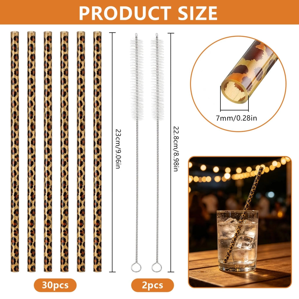 Set di 30 cannucce in plastica riutilizzabili, motivo leopardo, 23 cm