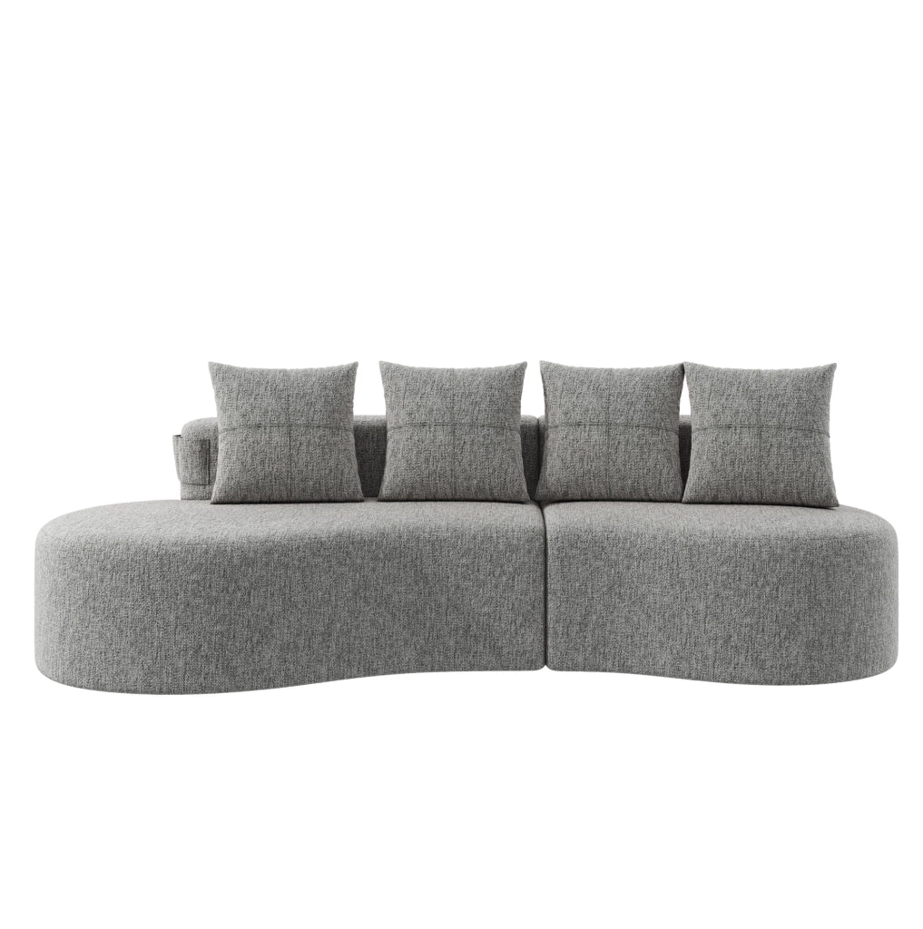 Divano 4 posti 240x109x63 cm in lino grigio chiaro, portabicchieri e tasche