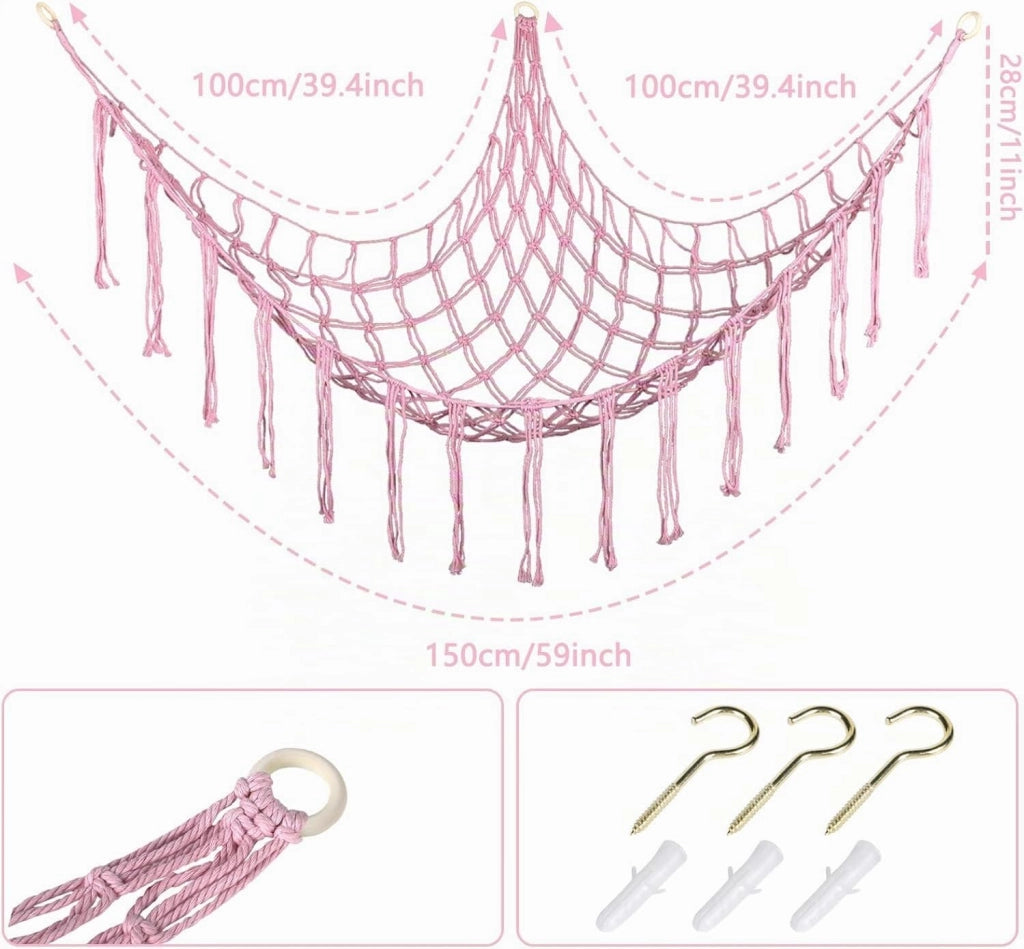 Rete porta-peluche, 2 pezzi, in macramè, rosa, 100x100x140 cm