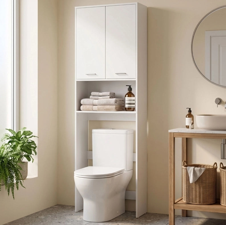 Mobile sopralavatrice bianco a 2 ante con vano aperto, 66 × 24 × 191 cm