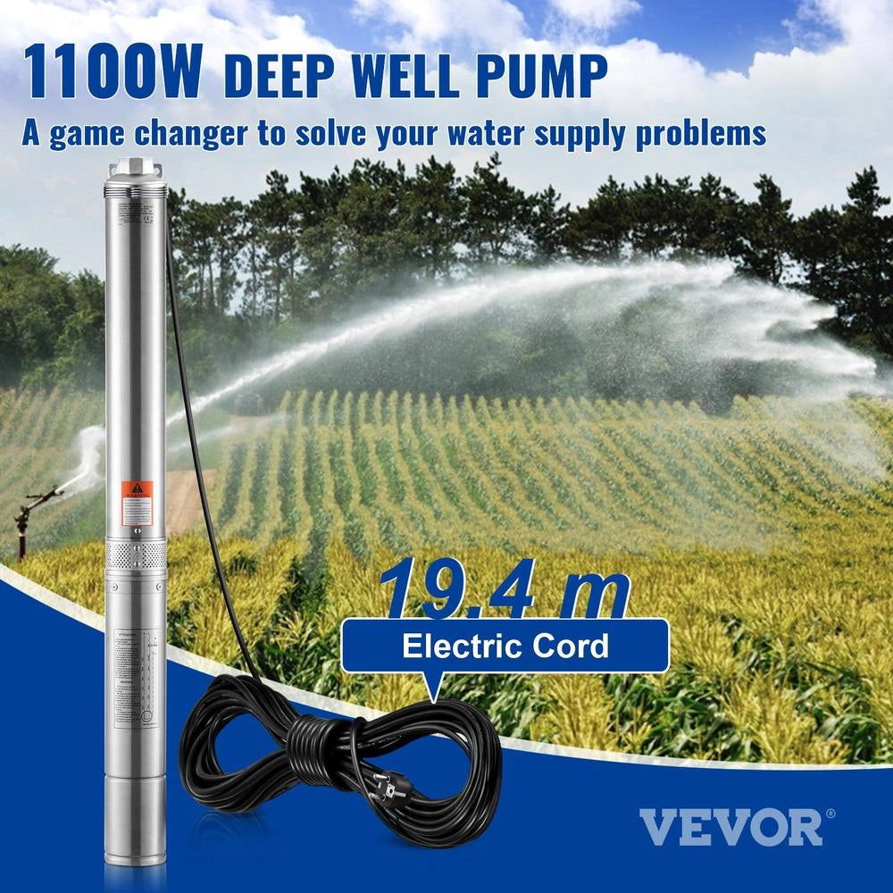 Pompa Sommergibile per Pozzi Profondi 1100W 1,5HP Acciaio Inox IP68 Prevalenza 105m Portata 7,1 m³/h Cavo 19,4m per Irrigazione e Uso Domestico