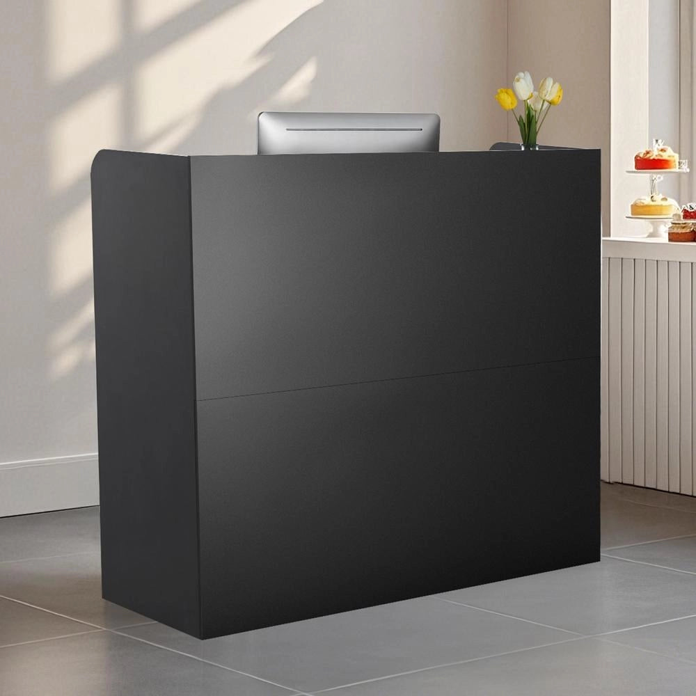 Banco Reception KLFD-03 in MDF con Cassetto con Serratura e Mobiletto, Bancone per Ufficio e Cassa, 1200 x 480 x 1100 mm, Nero
