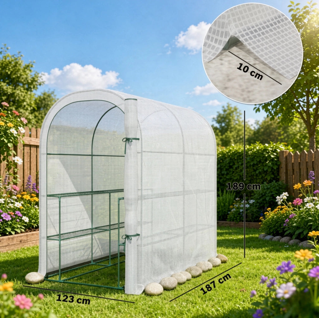 Serra da giardino bianca con scaffali su tre lati, 123 x 187 x 189 cm