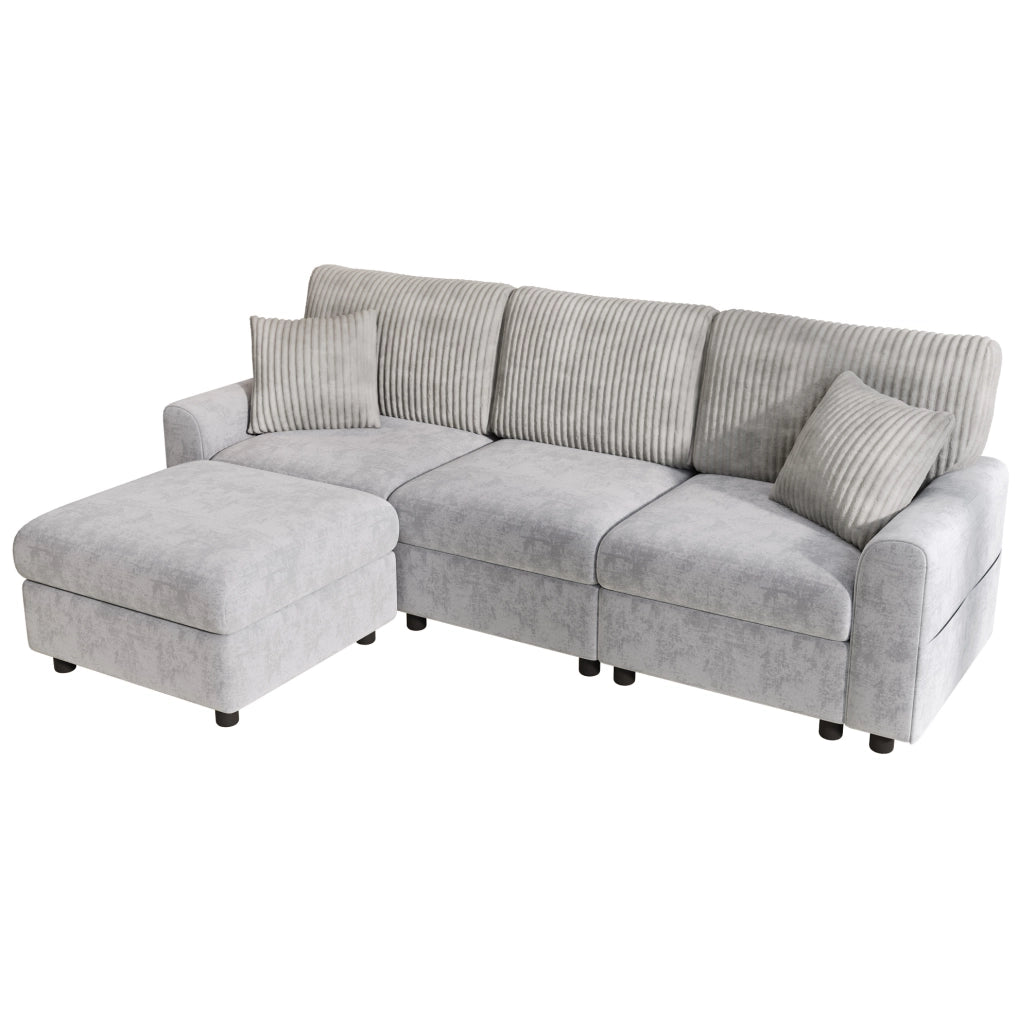 Divano grigio 223x146 cm con pouf, 2 cuscini, USB e USB-C in ciniglia e velluto a coste
