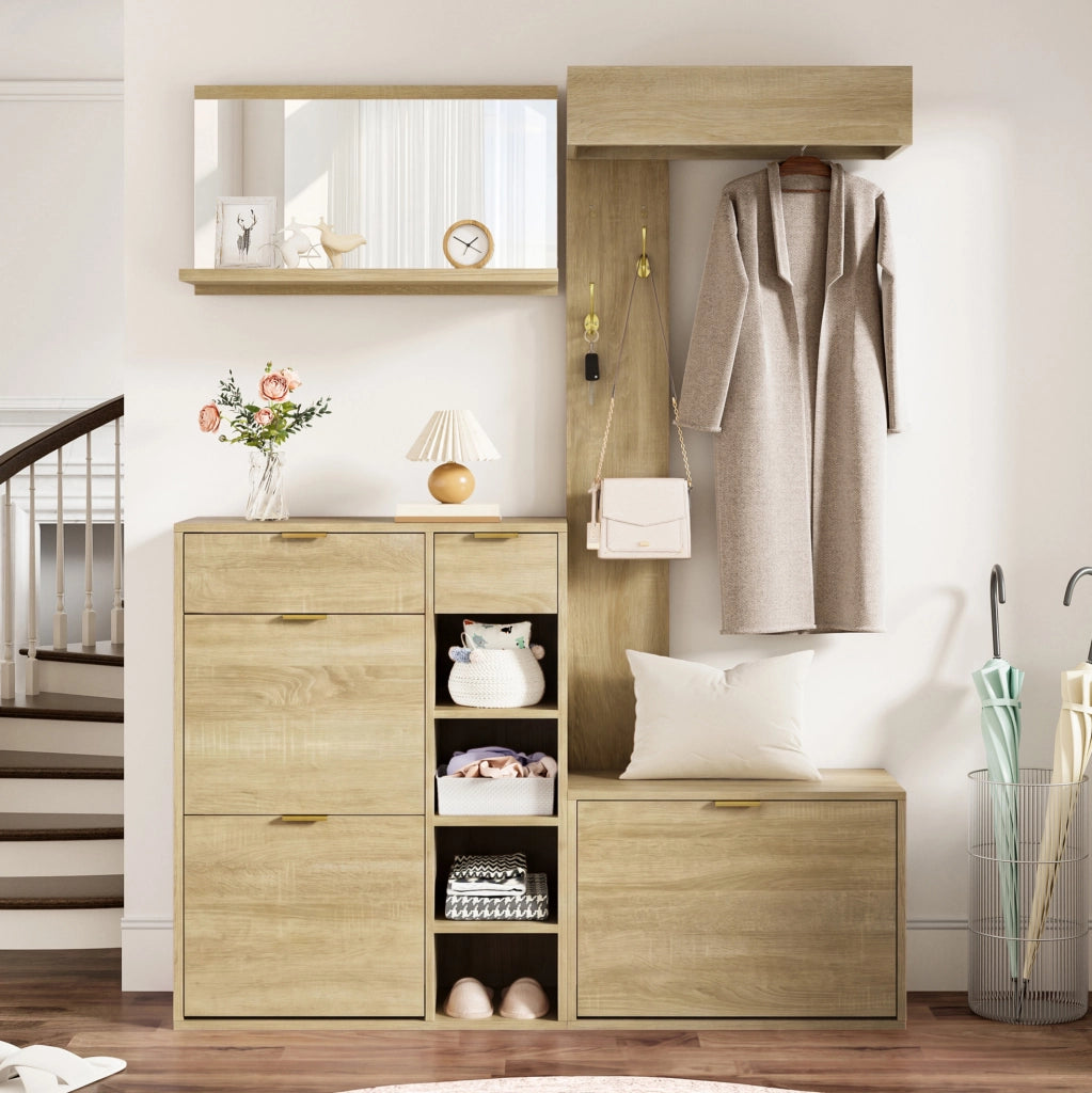 Set ingresso 4 elementi con scarpiera, panca, specchio e appendiabiti 130 x 30 x 174 cm