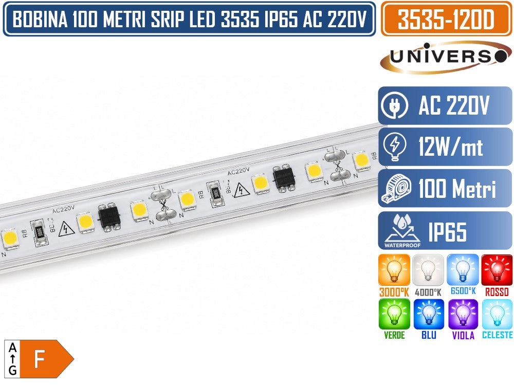 UNIVERSO 3535-120D BOBINA STRISCIA LED 220V IP65 100 METRI 120 LED/M 12W/M DA ESTERNO IP65– DISPONIBILE IN 3000K, 4000K, 6500K, ROSSO, VERDE, BLU, VIOLA E CELESTE - Colore Luce:Blu