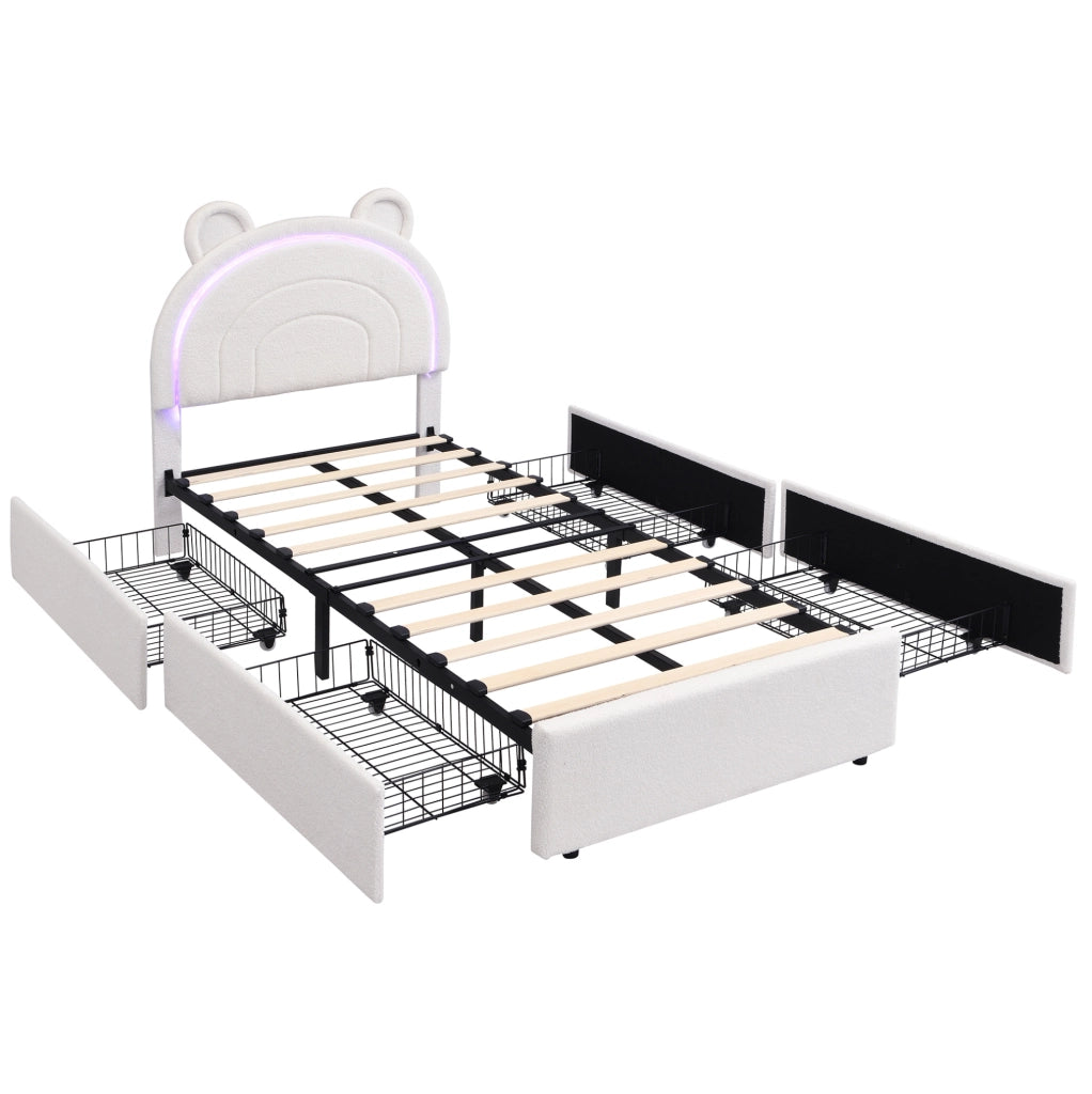 Letto singolo imbottito per bambini 90 x 200 cm beige con 4 cassetti e LED