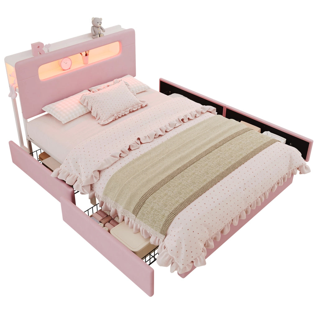 Letto imbottito per bambini 140 x 200 cm rosa con 4 cassetti e LED