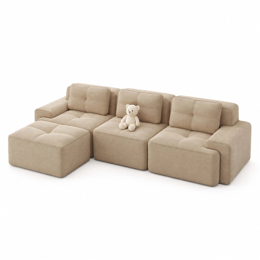 Divano modulare beige in velluto a coste con seduta profonda