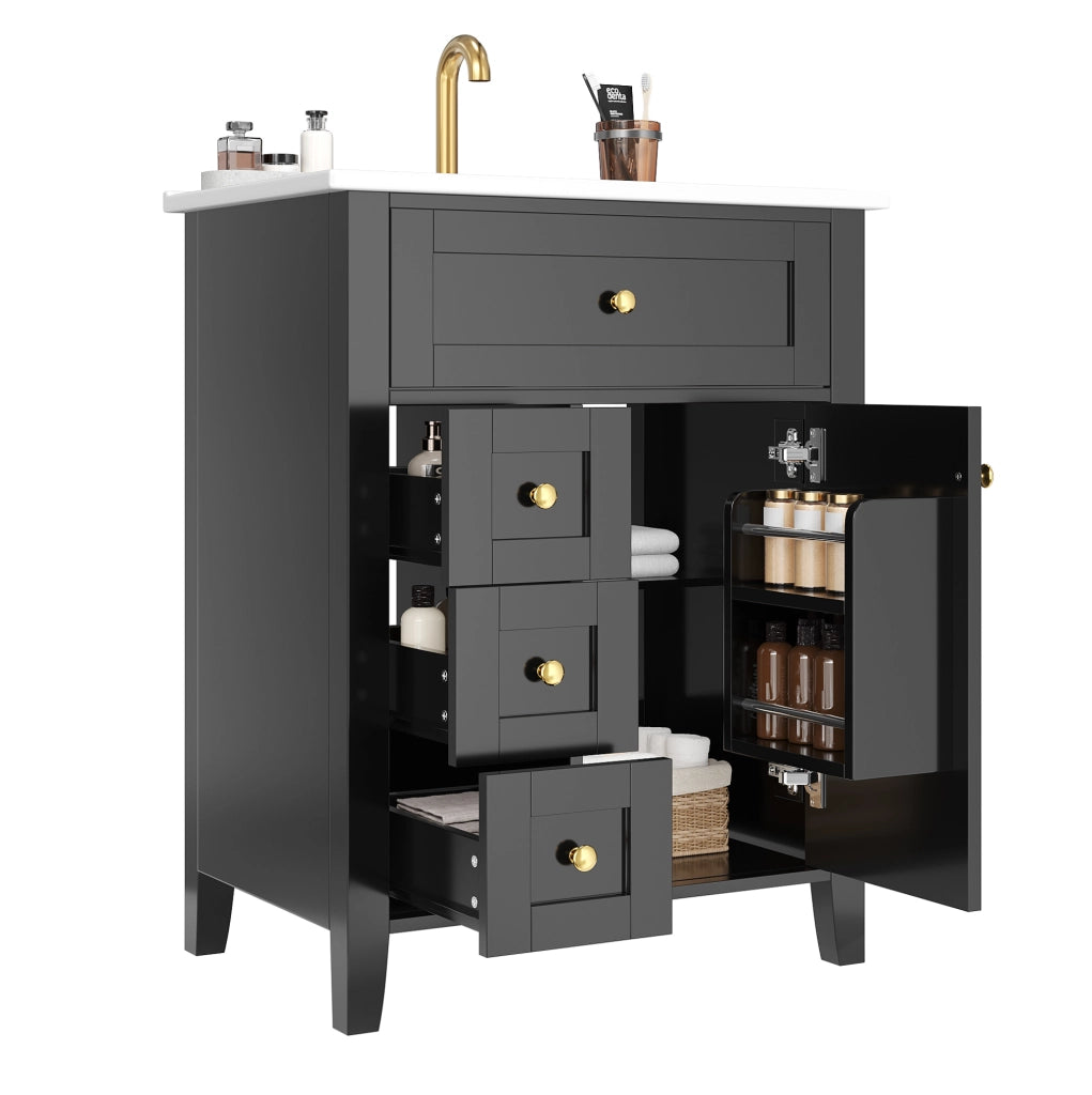 Mobile bagno da terra 61 cm nero lucido con lavabo in ceramica e cassetti