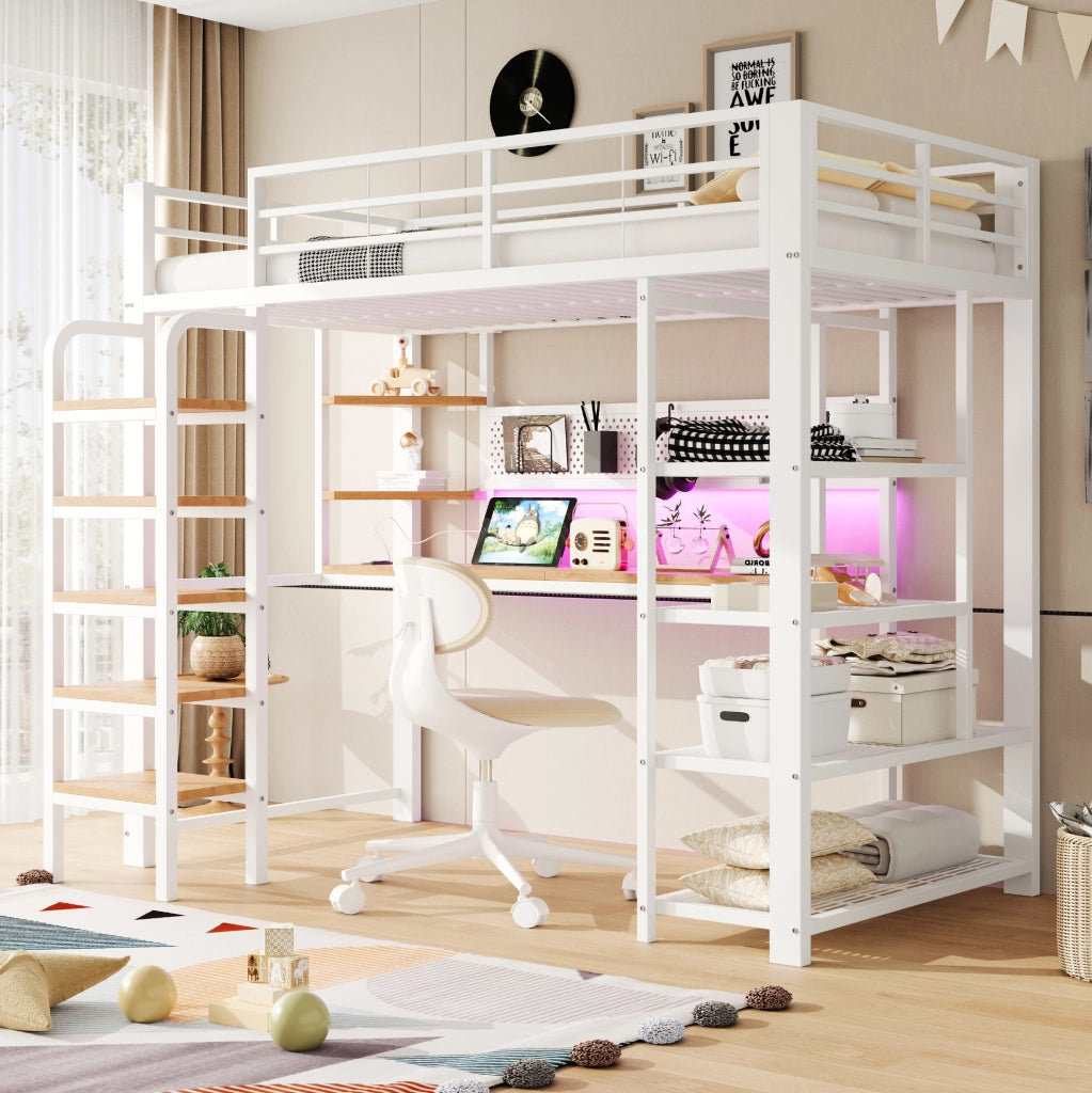 Letti a soppalco per bambini 90x200 cm con scrivania, scala e LED in metallo bianco per cameretta, senza materasso