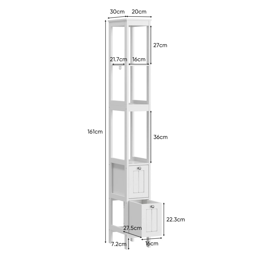 Colonna bagno 20 x 30 x 161 cm in MDF bianco, 2 cassetti, 3 ripiani