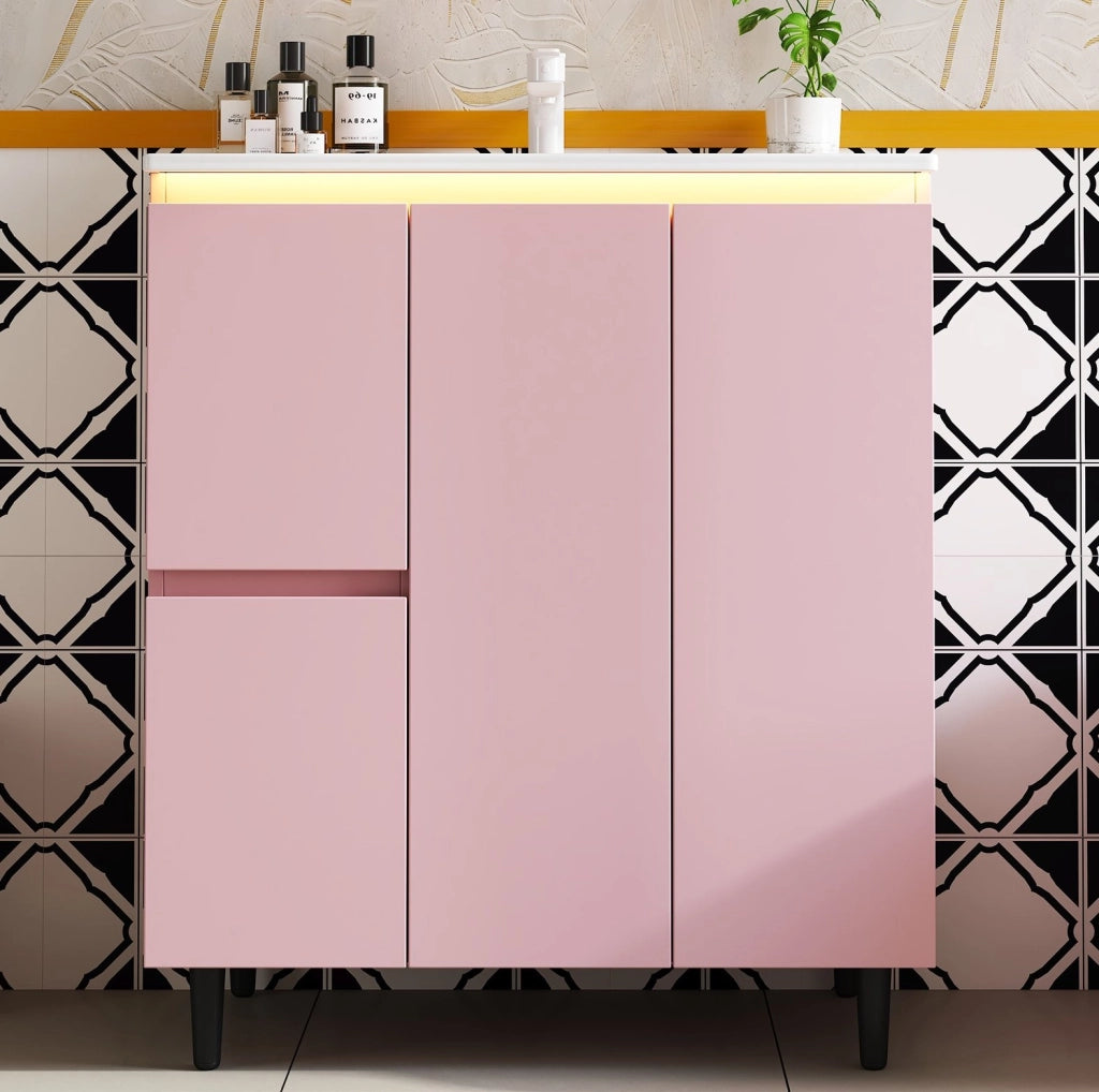 Mobile lavabo da bagno rosa 76 x 47 x 89 cm con lavabo in ceramica e luce LED