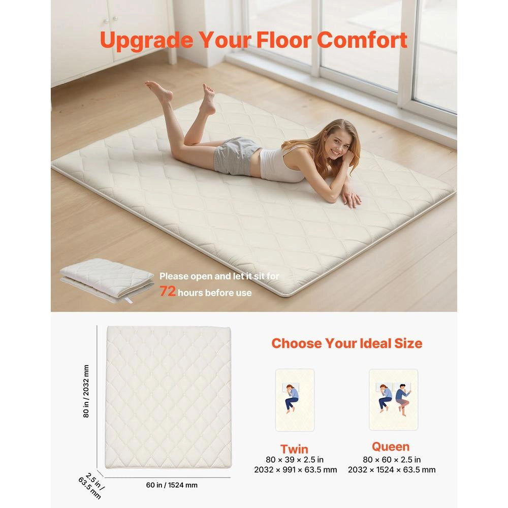 Materasso Futon Giapponese Queen Size 2032 x 1524 x 63,5 mm KZ-009, Tatami Pieghevole Bianco a 9 Strati con Borsa per Casa e Yoga