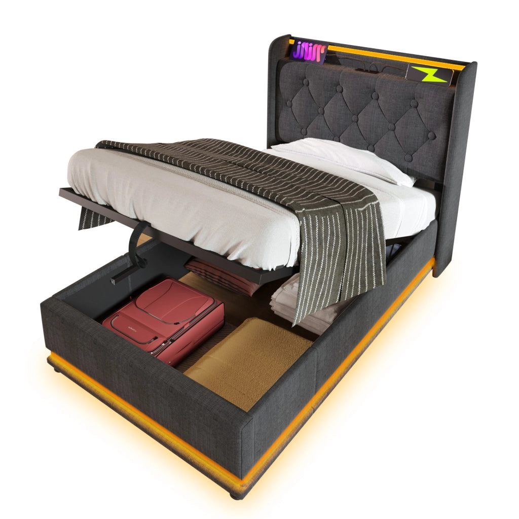 Letto contenitore per bambini 90x200 cm con testiera imbottita, rete a doghe e LED in tessuto grigio, materasso incluso