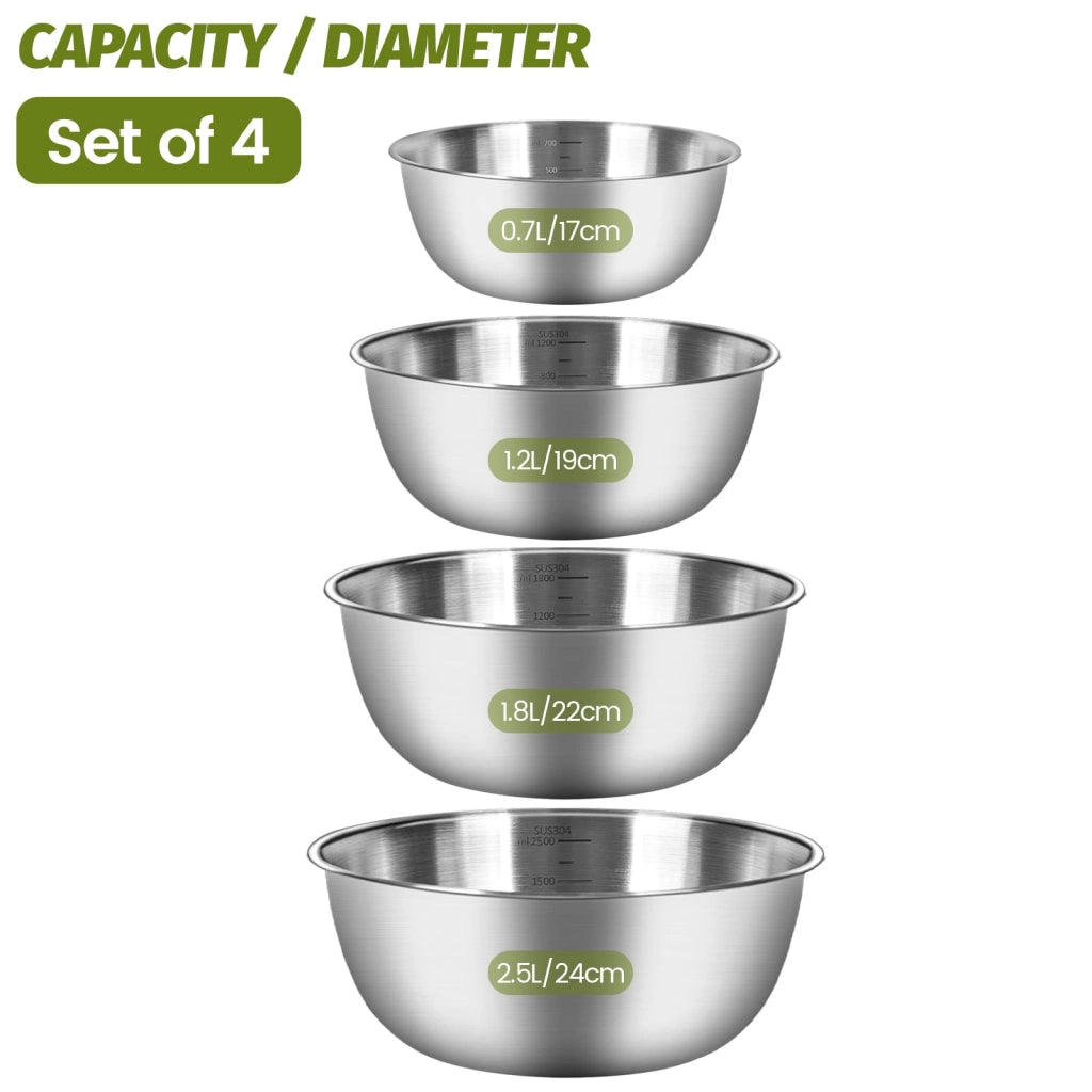 Ciotole da cucina in acciaio inossidabile, set da 4, 0,7–2,5 l, impilabili