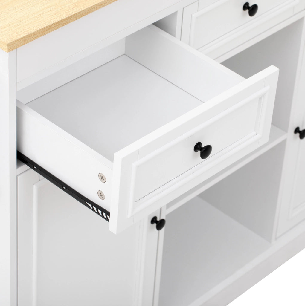 Isola da cucina mobile bianca e naturale con piano estraibile e vani portaoggetti
