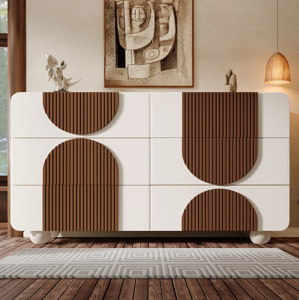 Cassettiera 6 cassetti 121x71x41 cm in MDF e legno, bianca, curva, antiribaltamento
