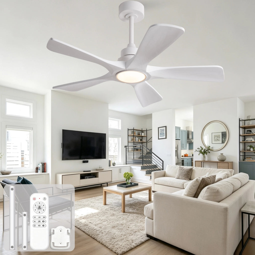 Ventilatore da soffitto bianco con luce e telecomando, 6 velocità
