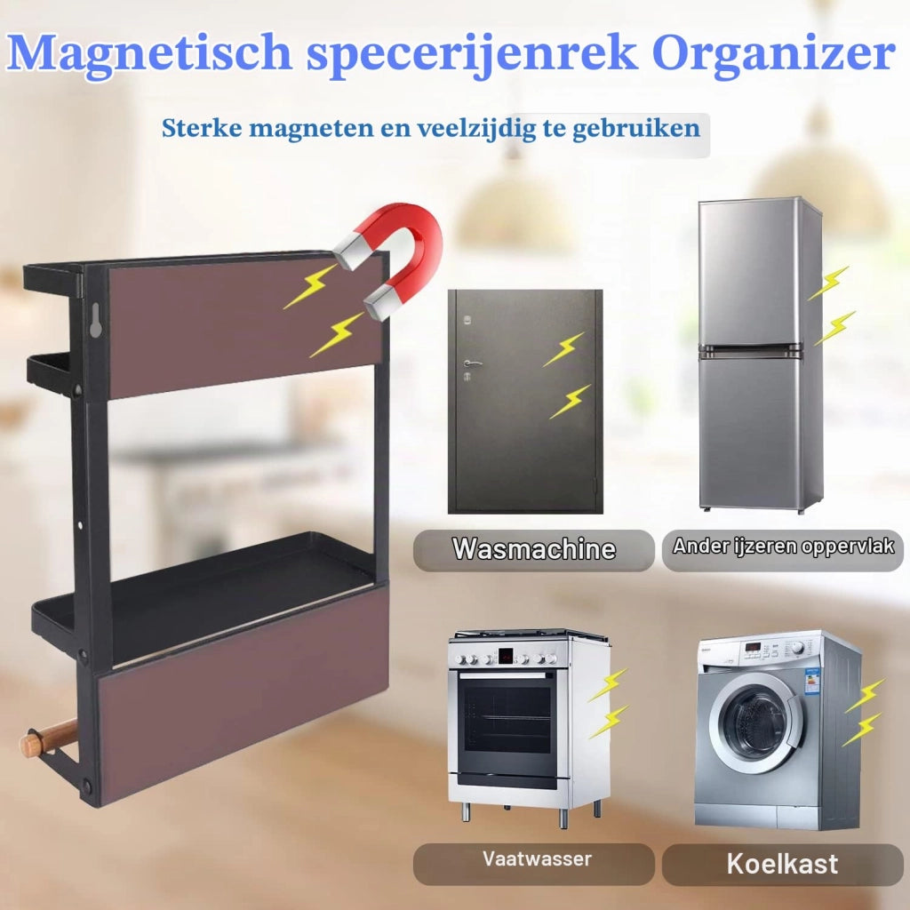 Scaffale magnetico per spezie, a 2 livelli, nero, con portarotolo di carta