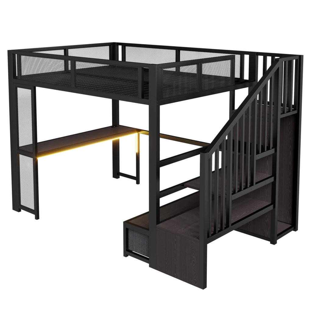 Letto a soppalco 140x200 cm nero con scrivania, LED e cassetti