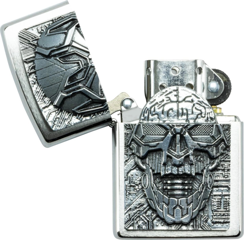 Accendino Storm Technic Skull Trick, cromato spazzolato, ricaricabile, resistente al vento