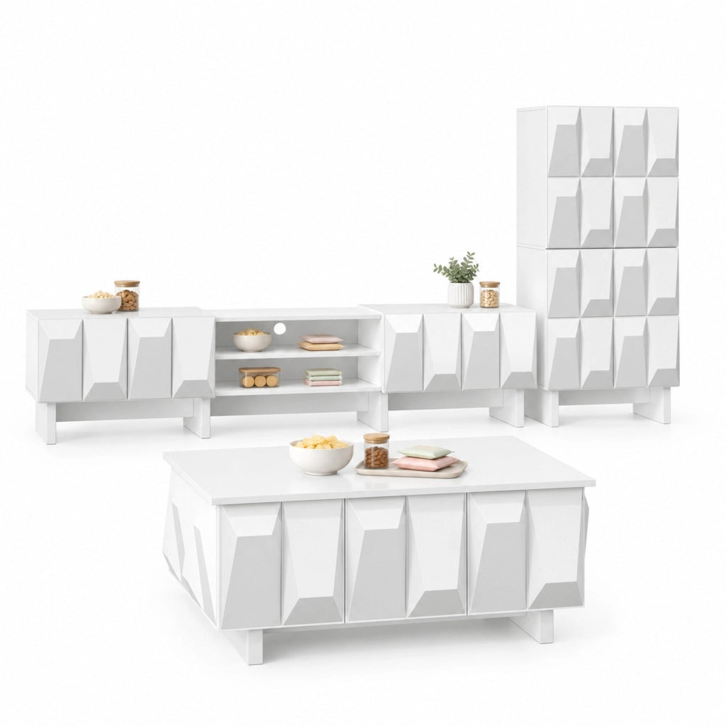 Set mobili soggiorno bianco 3 pezzi con frontali 3D