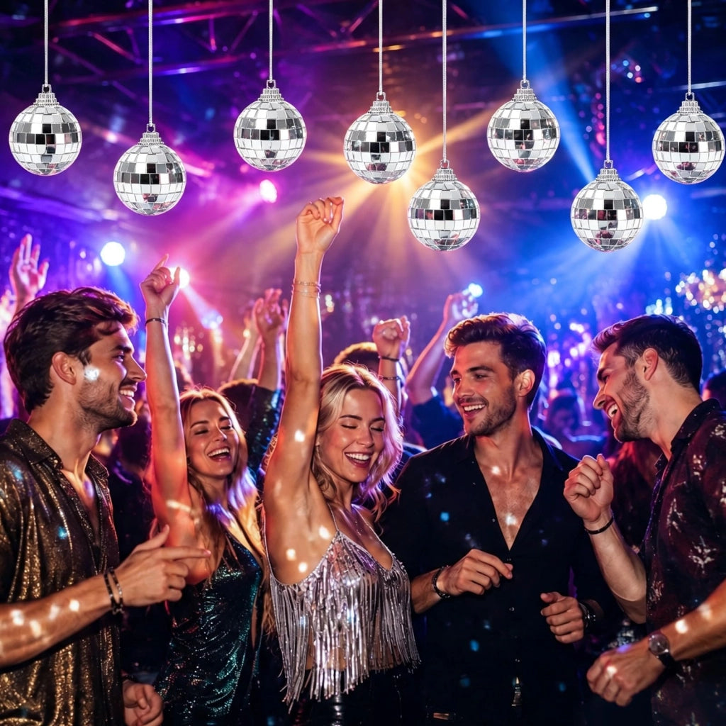 24 mini sfere disco, diametro 4 cm, color argento, da appendere, per decorazioni