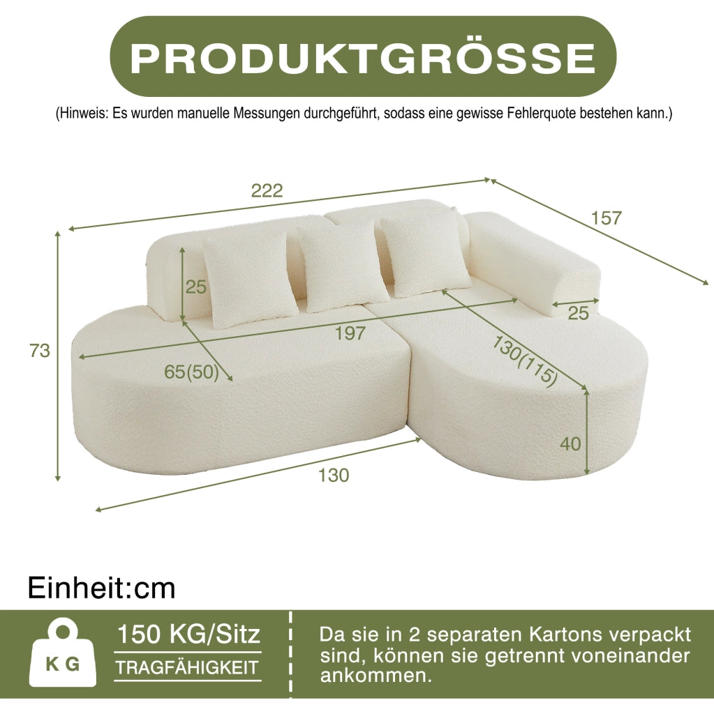 Divano angolare destro in chenille beige con 3 cuscini
