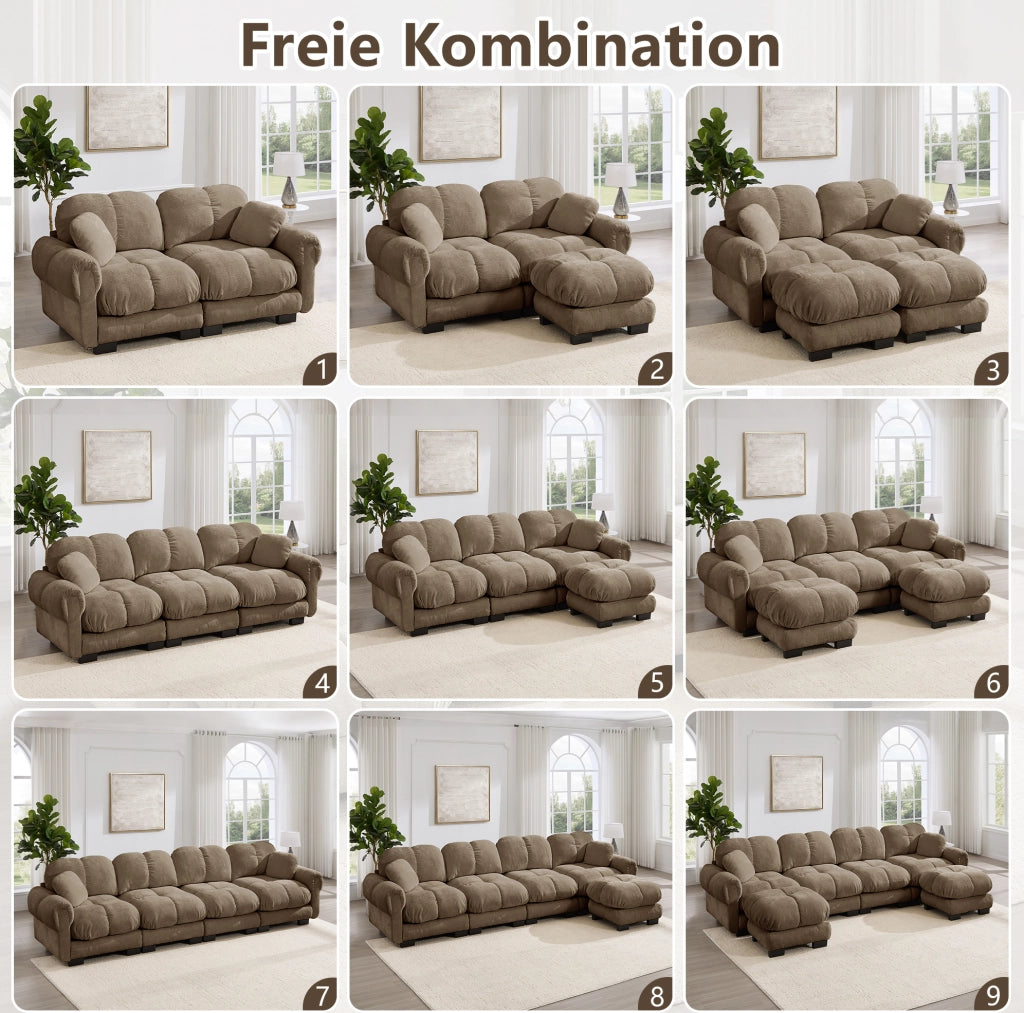 Divano modulare in ciniglia marrone 260 cm con pouf