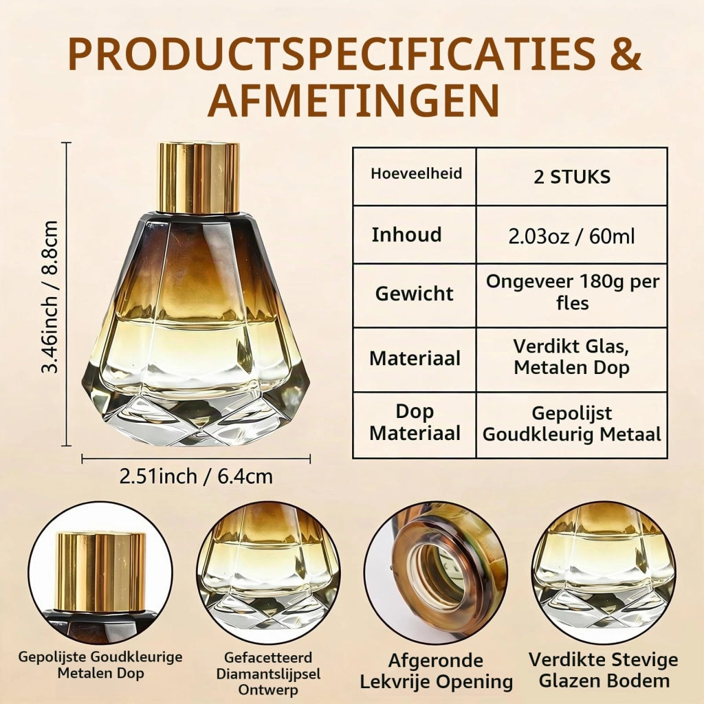 Set da 2 flaconi diffusori in vetro, capacità 60 ml, forma a diamante, con tappo