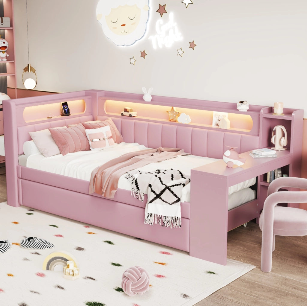 Letto singolo 90x200 cm con letto estraibile; scrivania; LED e USB; rosa